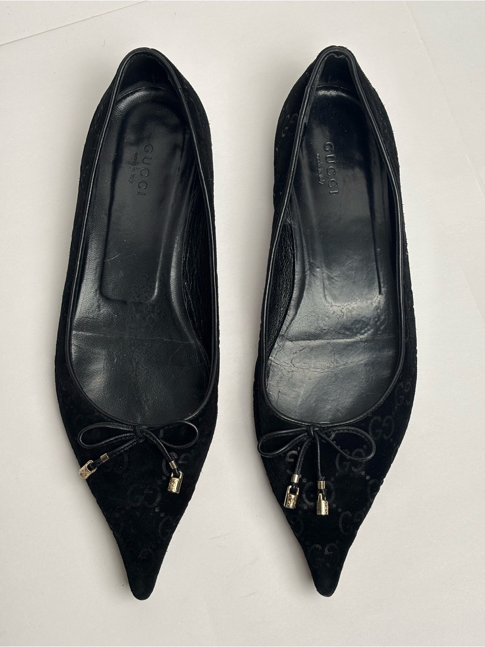 Gucci Black GG Monogram Suede Pointed Toe Bow Ballet Flats Size 38